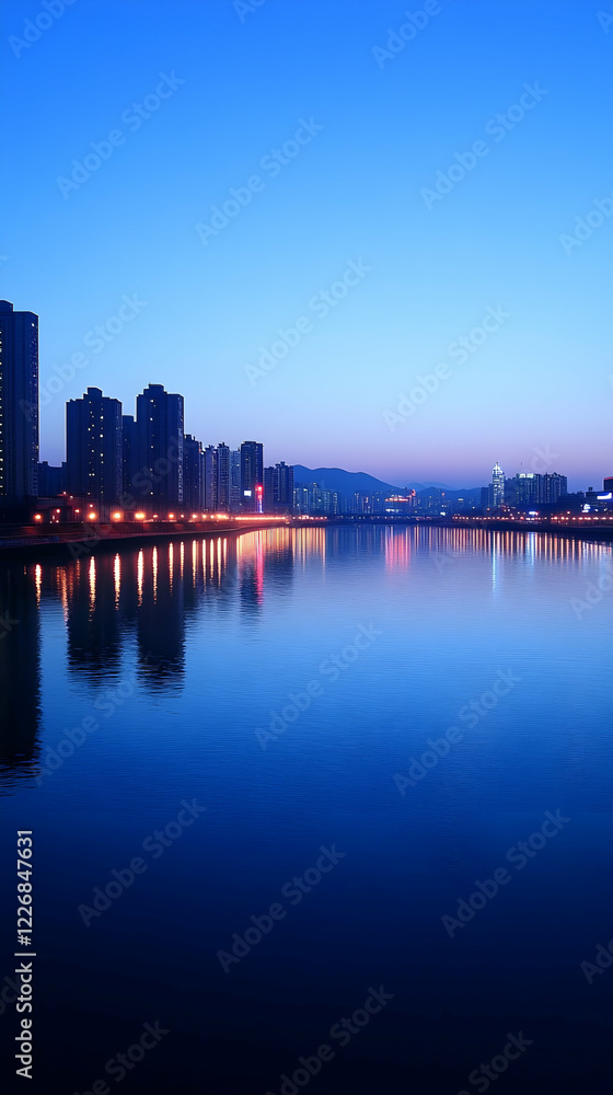Obraz premium Serene twilight cityscape reflected in calm waters; modern architecture, city lights illuminate the tranquil river at dusk.
