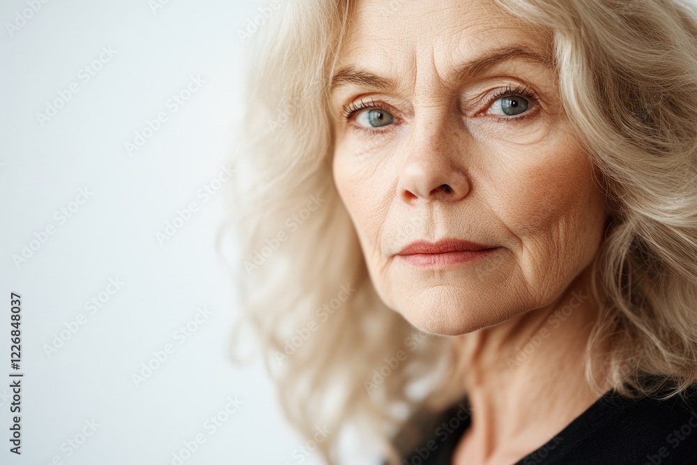Woman with gray hair and intense gaze, exuding a vintage charm. Her thoughtful expression suggests contemplation or wisdom. Woman with gray hair and intense gaze, exuding a vintage charm. Her thoughtful expression suggests contemplation or wisdom.