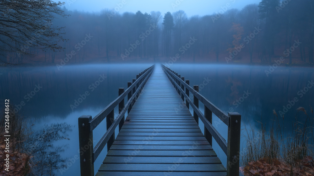 Obraz premium Isolated Bridge Over a Foggy Lake