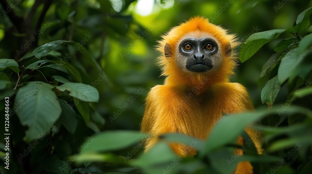 Golden langur sitting quietly the dense forest canopy its radiant golden fur glowing softly under the filtered sunlight of its lush green habitat Golden langur sitting quietly the dense forest canopy its radiant golden fur glowing softly under the filtered sunlight of its lush green habitat