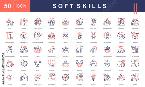 Icon set representing essential Soft Skills, including leadership, communication, teamwork, emotional intelligence, problem-solving, and adaptability. Ideal for business, education, and self-develop.