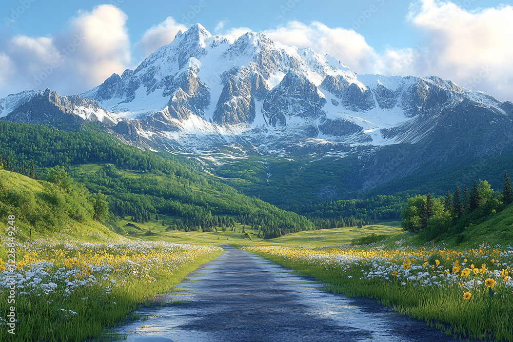 Naklejka premium Majestic Snowcapped Mountain Road Through Wildflower Meadow