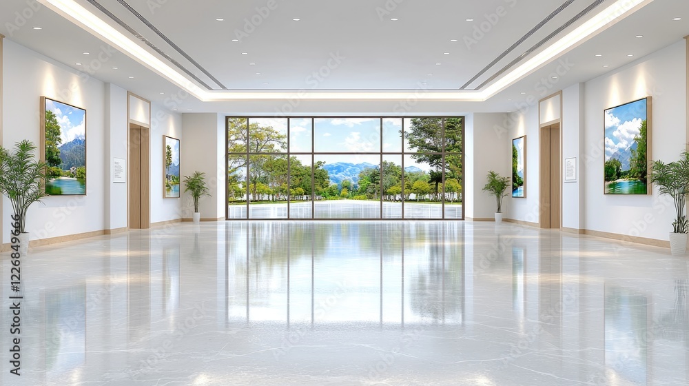Obraz premium Luxurious hotel lobby with scenic view, spacious interior design, perfect for events or relaxation