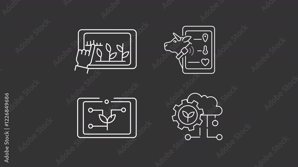 Technology in agriculture white line animation library. Animated farm icons. Digital tools for monitoring, management. Isolated illustrations on dark background. Transition alpha. HD video. Icon pack Technology in agriculture white line animation library. Animated farm icons. Digital tools for monitoring, management. Isolated illustrations on dark background. Transition alpha. HD video. Icon pack