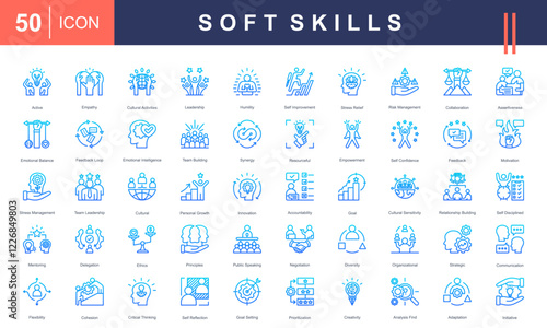 Icon set representing essential Soft Skills, including leadership, communication, teamwork, emotional intelligence, problem-solving, and adaptability. Ideal for business, education, and self-developme