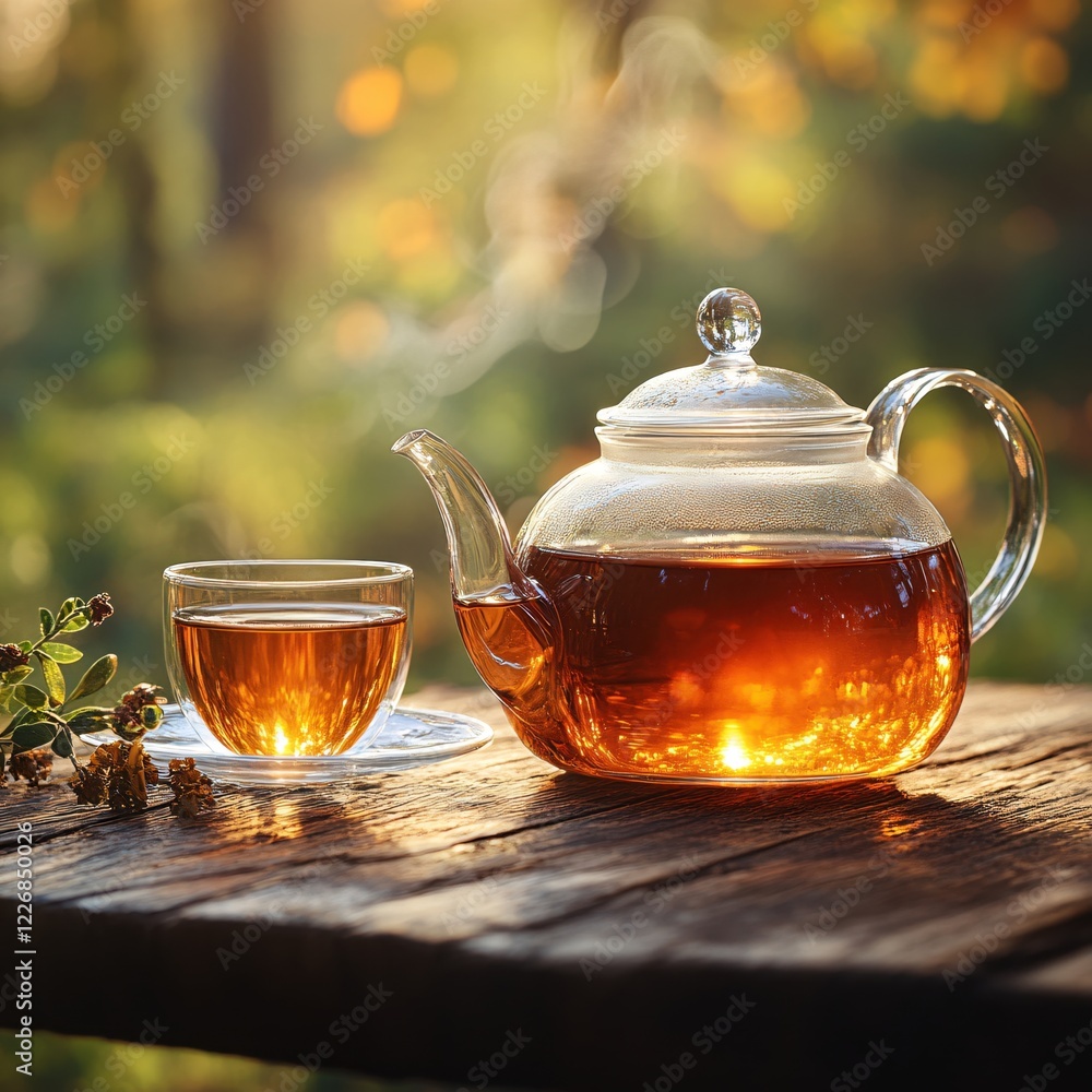 Steaming tea in glass teapot and cup on rustic wooden table with blurred nature background Steaming tea in glass teapot and cup on rustic wooden table with blurred nature background
