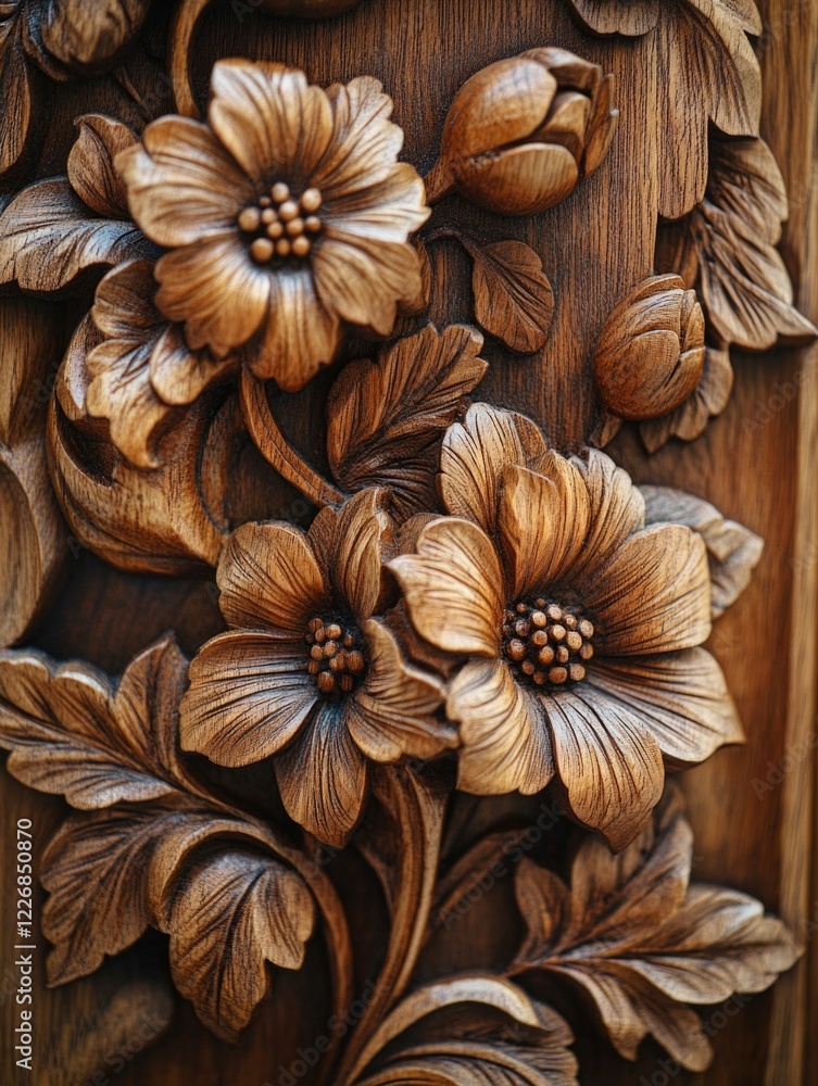 A wooden carving of flowers with a leafy stem. The flowers are in various sizes and are arranged in a way that creates a sense of depth and dimension A wooden carving of flowers with a leafy stem. The flowers are in various sizes and are arranged in a way that creates a sense of depth and dimension
