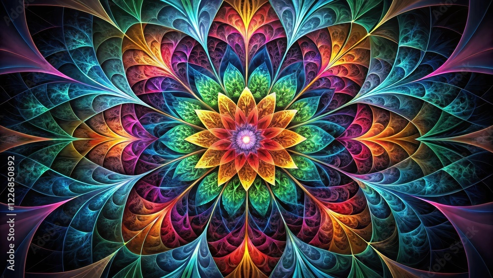 Intricate, symmetrical flower with vibrant geometric shapes in various colors against a dark background, symmetrical design, unique blooms Intricate, symmetrical flower with vibrant geometric shapes in various colors against a dark background, symmetrical design, unique blooms