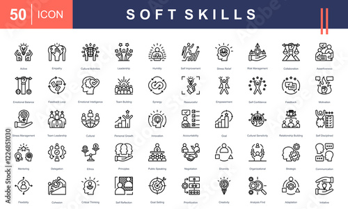 Icon set representing essential Soft Skills, including leadership, communication, teamwork, emotional intelligence, problem-solving, and adaptability. Ideal for business, education, and self-develop.