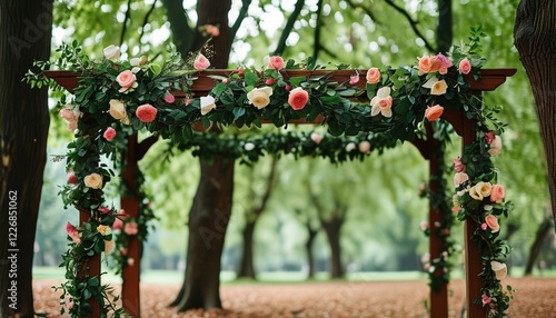 Traditional jewish wedding chuppah in lush outdoor setting photo