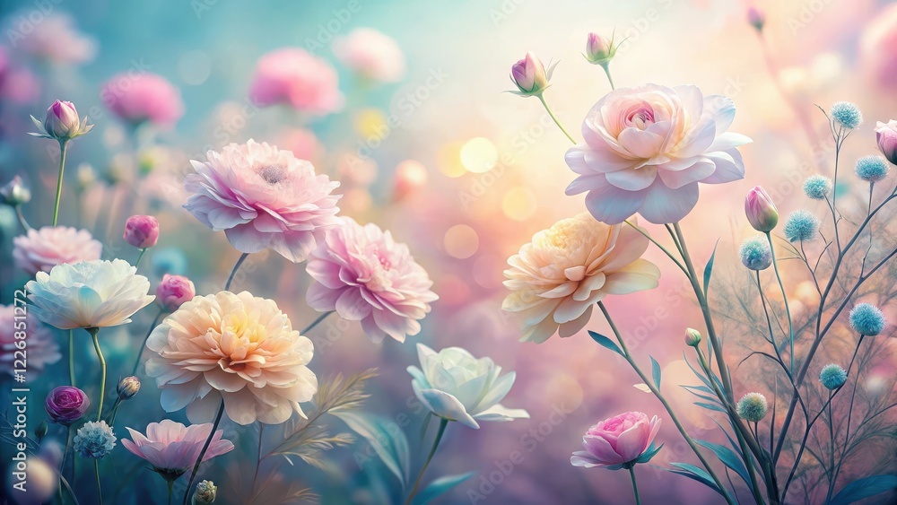 Softly glowing blooms in a mesmerizing blend of pastel hues against a subtle gradient background, botanical art, pastel flowers Softly glowing blooms in a mesmerizing blend of pastel hues against a subtle gradient background, botanical art, pastel flowers
