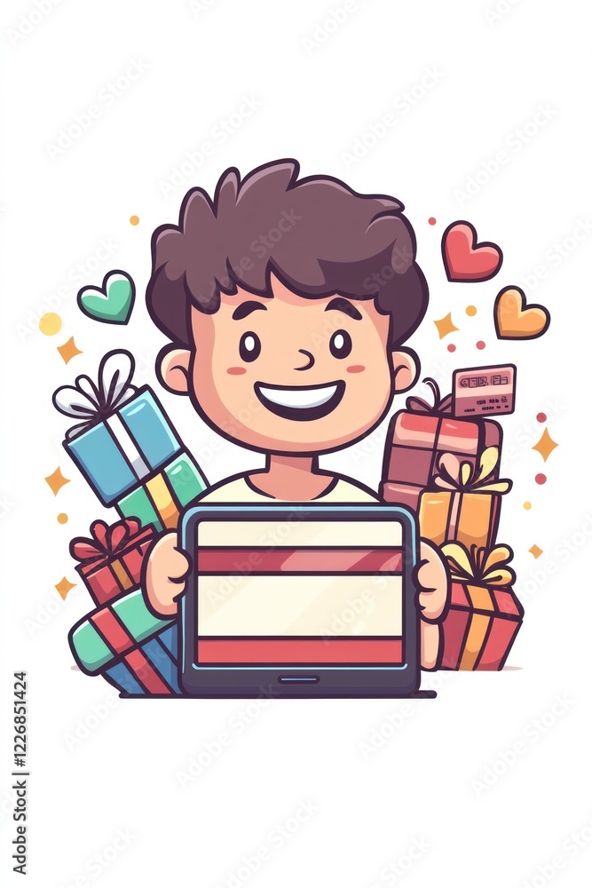 Boy online shopping gifts, festive background, holiday purchases