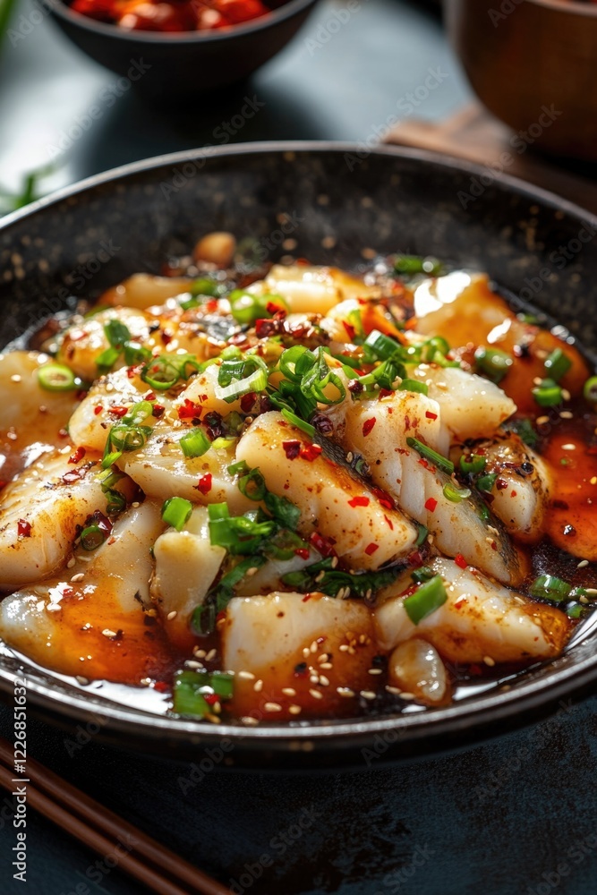 A dish consisting of seafood, possibly fish or shellfish, served in a sauce with various garnishes and seasonings. The dish is plated on a wooden board, which suggests it could be Asian cuisine. A dish consisting of seafood, possibly fish or shellfish, served in a sauce with various garnishes and seasonings. The dish is plated on a wooden board, which suggests it could be Asian cuisine.