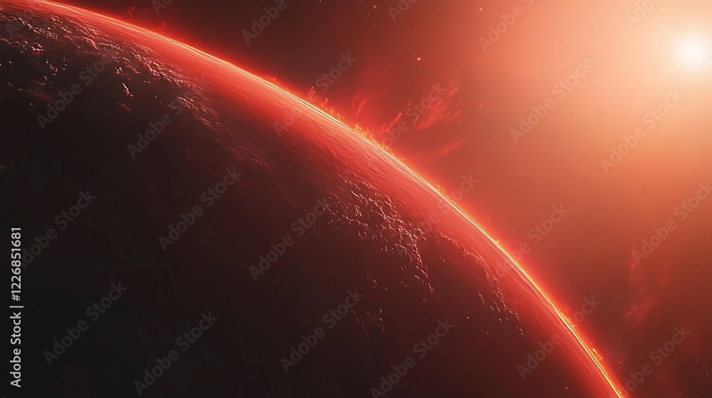A fiery red planet sunset in deep space A fiery red planet sunset in deep space