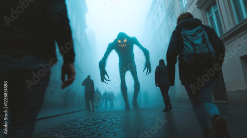 A monster terrorizing people in the street.