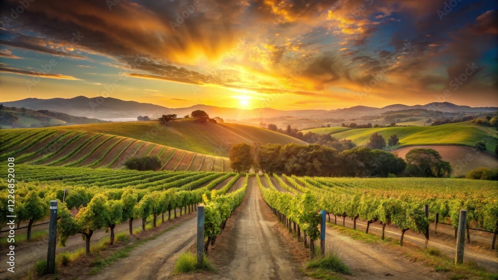 Fototapeta premium Vineyard at Sunset Over Rolling Hills, rustic, wine country, rustic, wine country,vineyard, rural, sunset