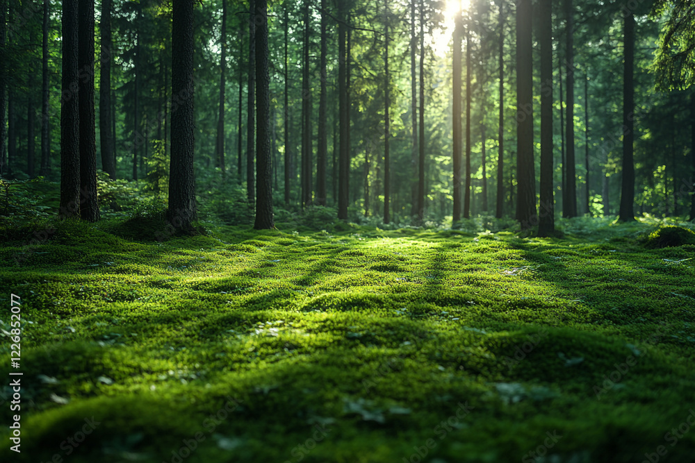 Fototapeta premium Sunlit Mossy Forest Floor Among Tall Trees