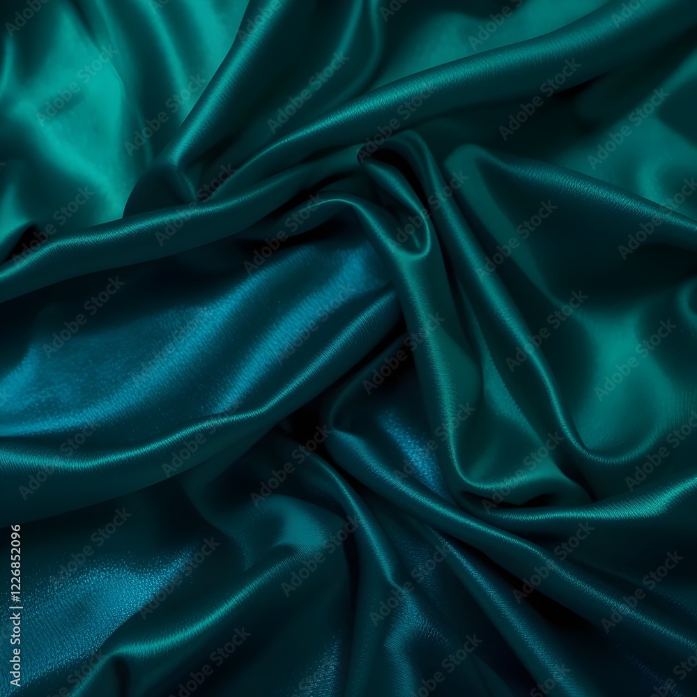 Fototapeta premium Mezcla de zafiro oscuro y verde esmeralda. Tela de seda satinada con sombras brillantes y cortinas fluidas.
