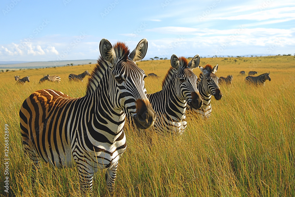 Naklejka premium Three Zebras Grazing in African Savanna Grassland