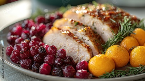 Sliced turkey breast with cranberries and citrus on a platter for a holiday meal photo