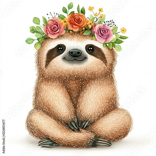 Animal wearing floral crown watercolor concept. A cute sloth wearing a floral crown and smiling joyfully