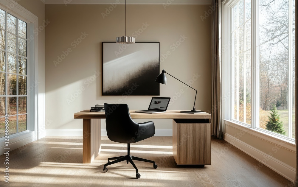 Fototapeta premium Modern executive office with a sleek oak desk, a state-of-the-art laptop, and a contemporary black chair. 