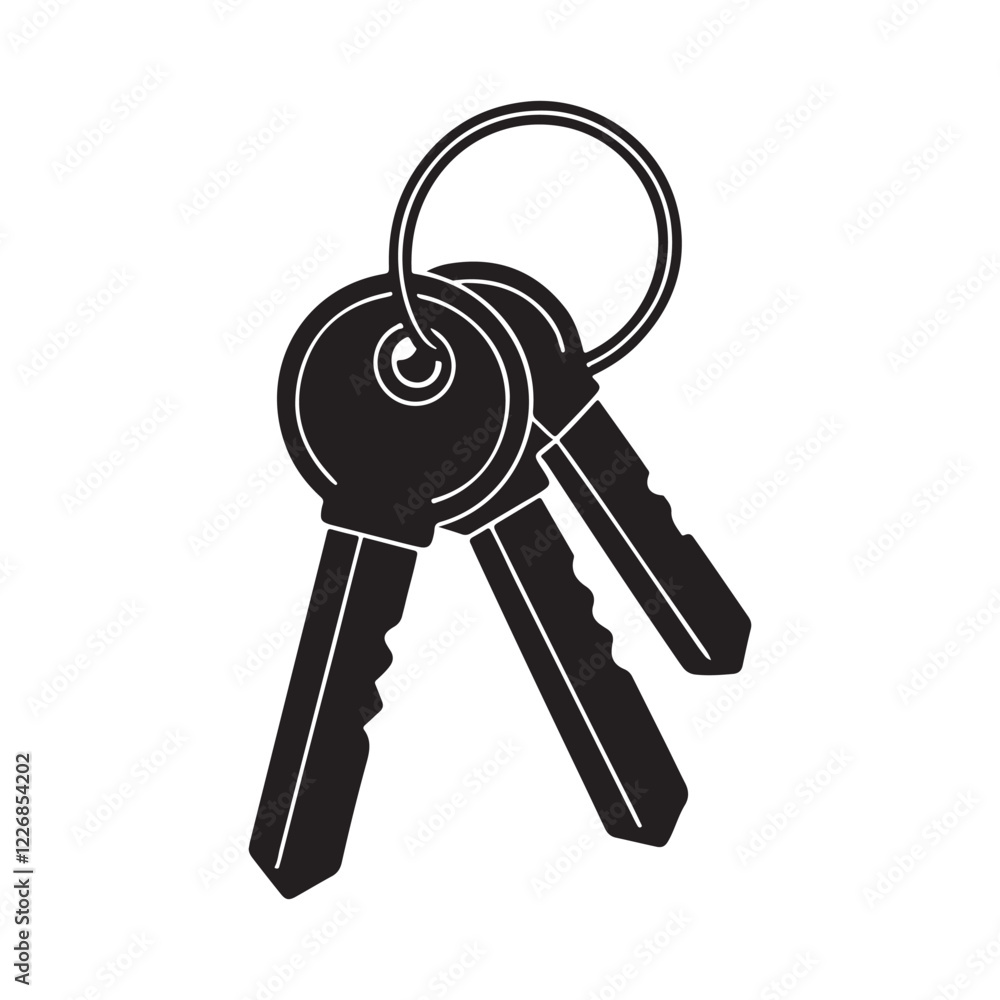 Keys with keychain Vector illustration. Keys Icon of door keys or car keys silhouette. hotel key, purchase of real estate or realtor services logo