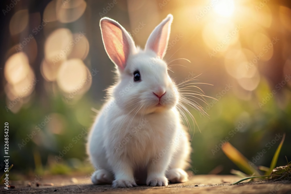 Fototapeta premium White Bunny Sitting - Portrait Photography AI Art - Fluffy Animal