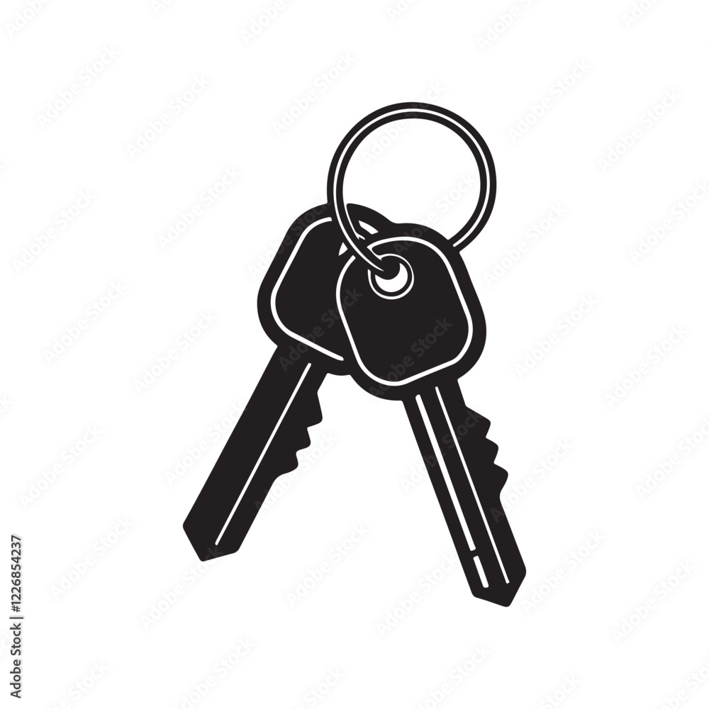 Keys with keychain Vector illustration. Keys Icon of door keys or car keys silhouette. hotel key, purchase of real estate or realtor services logo Keys with keychain Vector illustration. Keys Icon of door keys or car keys silhouette. hotel key, purchase of real estate or realtor services logo