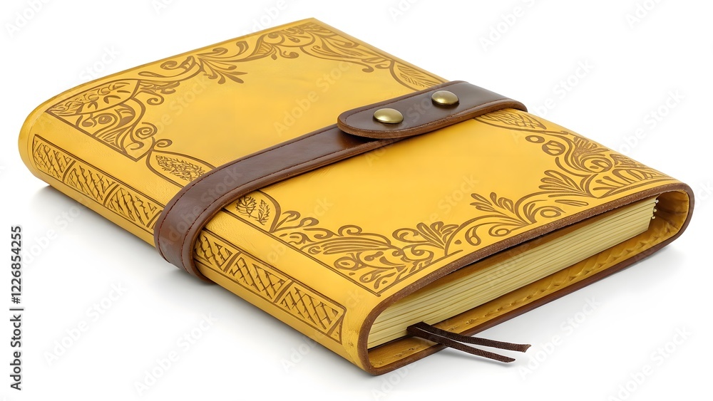 Fototapeta premium Vintage Yellow Leather Journal with Gold Embossing & Strap V7