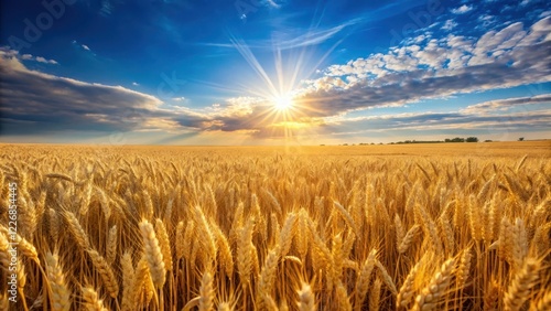 A vast expanse of golden wheat stretches towards the sky, illuminated by the radiant sun casting a warm glow over the entire scene, with nary a cloud in sight , sunlit fields, agricultural land photo