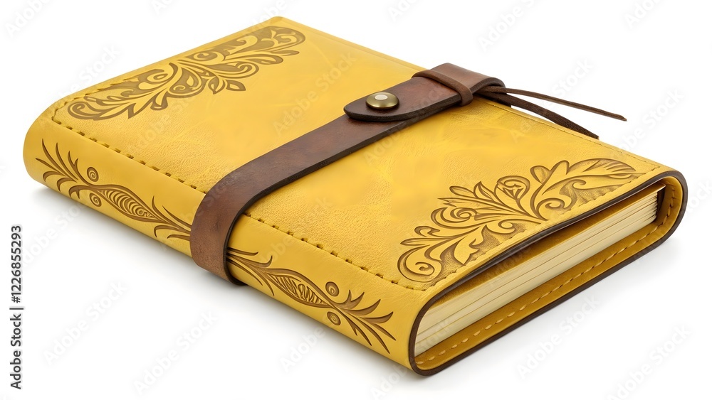 Fototapeta premium Vintage Yellow Leather Journal with Gold Embossing & Strap V8