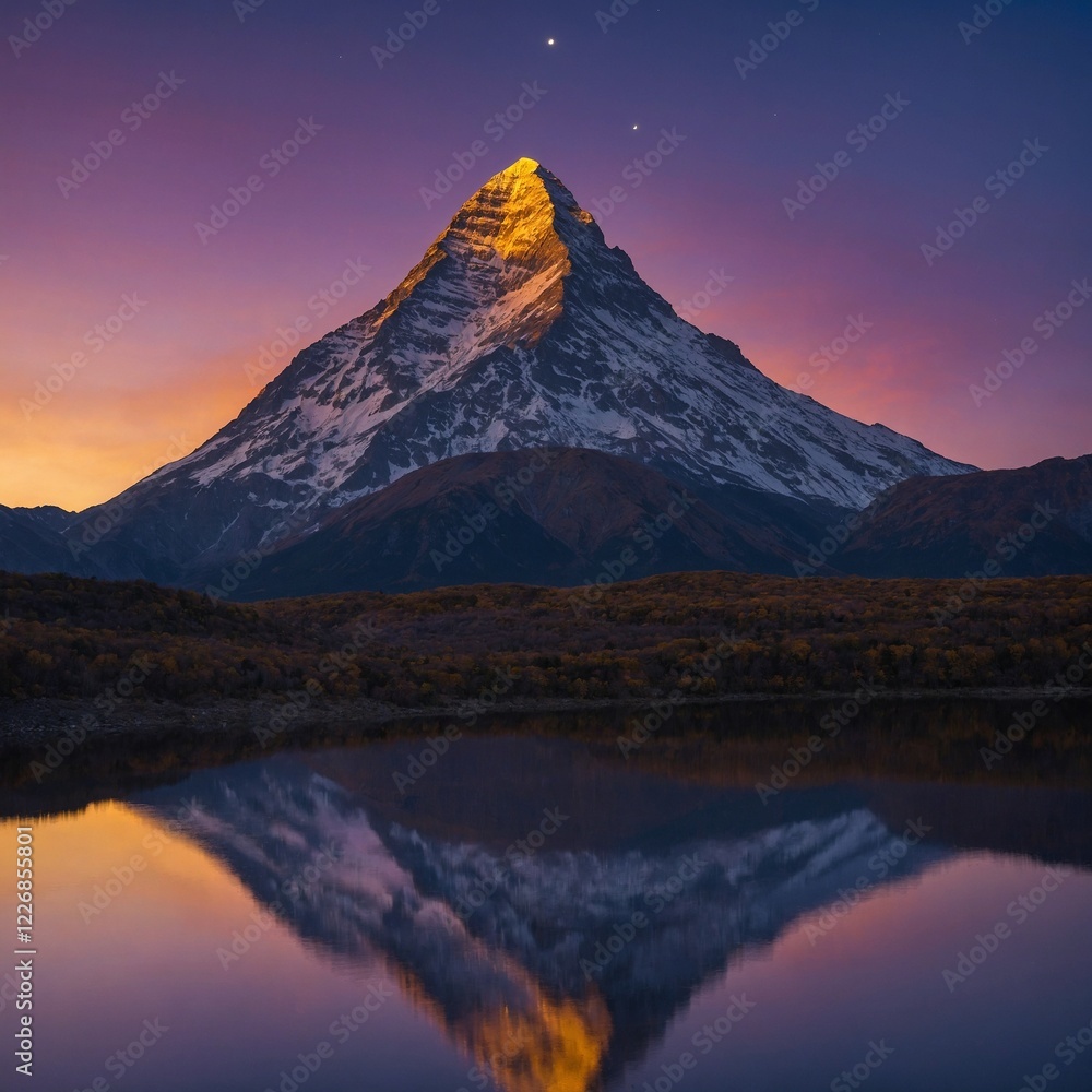 Naklejka premium A golden mountain peak reflecting a deep violet and indigo twilight sky.