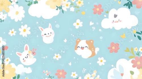 Adorable pastel illustration featuring bunnies, a puppy, flowers, and clouds on a light blue background; perfect for children's products or digital design.