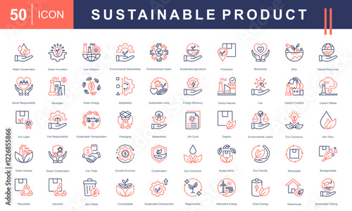 Icon set Sustainable Product, Containing renewable energy, green innovation, carbon footprint reduction, and environmental stewardship. Ideal for green business and social responsibility projects.