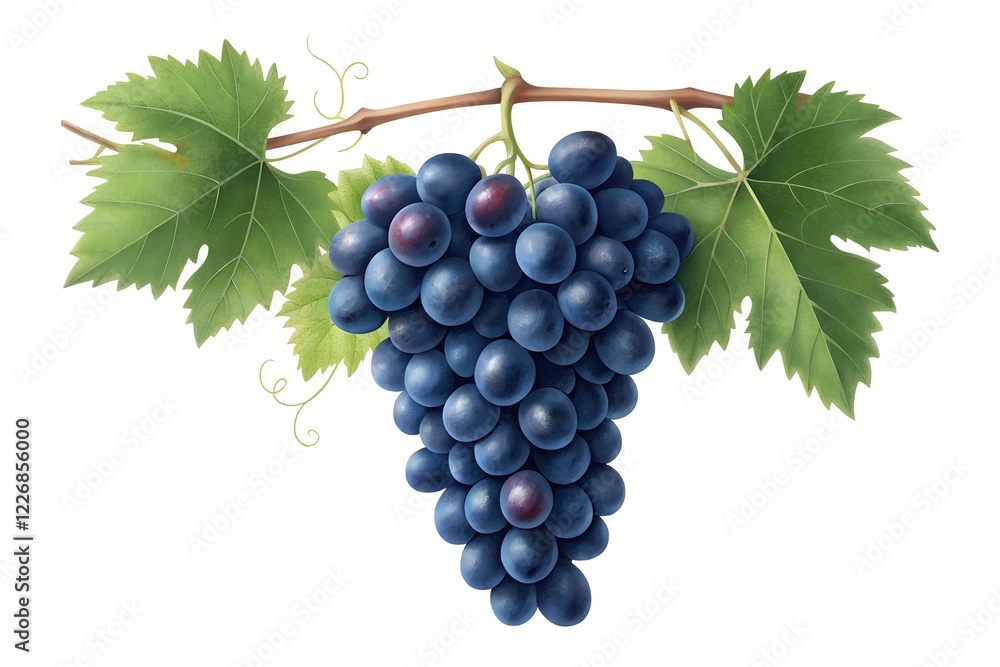 Fototapeta premium Fresh bunch black grape on the vine isolated on white background