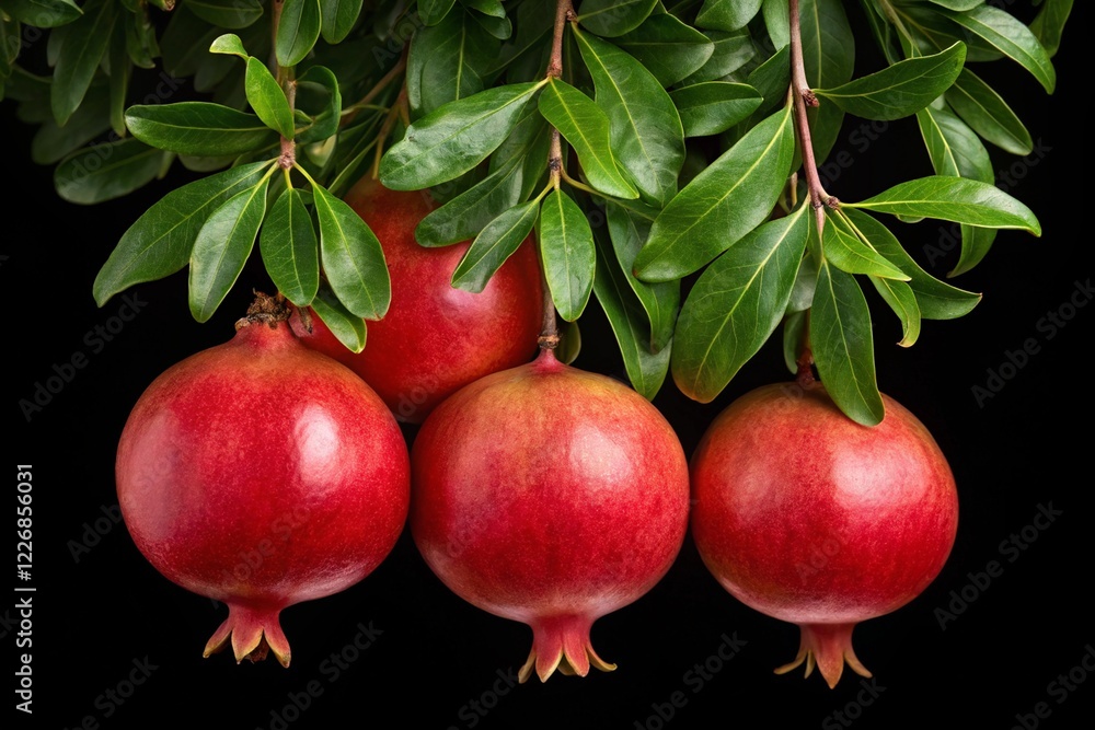 Fresh bunch pomegranate on the vine isolated on black background Fresh bunch pomegranate on the vine isolated on black background