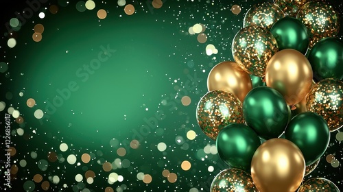 Festive green and gold balloons with sparkling bokeh background celebration