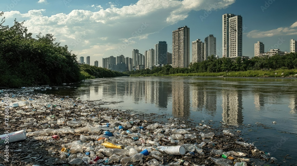 Obraz premium Plastic-filled riverbanks contrasting sharply with a backdrop of modern city towers, symbolizing the cost of urban advancement.