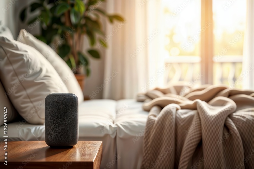 Cozy Smart Home. Smart speaker on wooden side table next to comfortable couch with throw blanket in relaxing home environment with natural lighting.