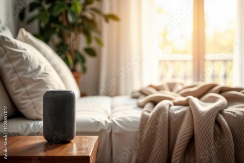 Obraz na płótnie Cozy Smart Home. Smart speaker on wooden side table next to comfortable couch with throw blanket in relaxing home environment with natural lighting. w salonie
