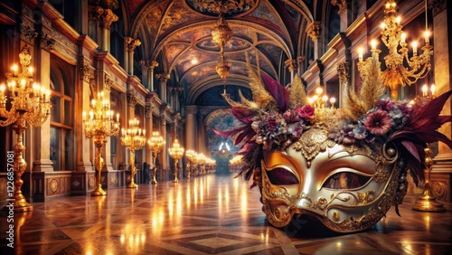 Elegant masquerade ball with lavish decor and intricate masks in a grand hall, party, evening,  party, evening, aristocratic photo