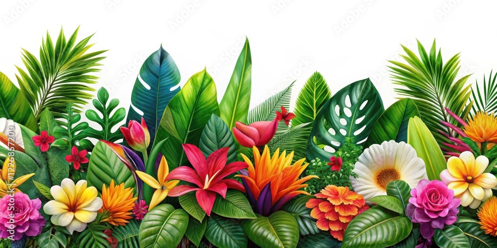 Fototapeta premium Vibrant floral arrangement featuring lush green leaves and colorful tropical flowers in a seamless background