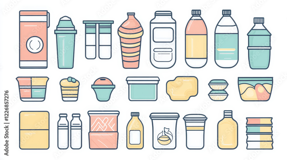 Plastic food containers and package line icons vector set. Linear signs of disposable cup, bottle, tray, box and wrap, coffee mugs, bags and plates. Jar, milk bottle, fast food packs and snack dishes Plastic food containers and package line icons vector set. Linear signs of disposable cup, bottle, tray, box and wrap, coffee mugs, bags and plates. Jar, milk bottle, fast food packs and snack dishes