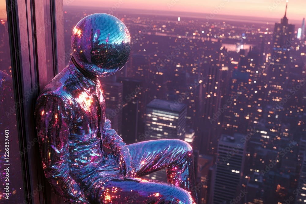 Obraz premium Disco Ball Figure Contemplates City Lightscape At Dusk