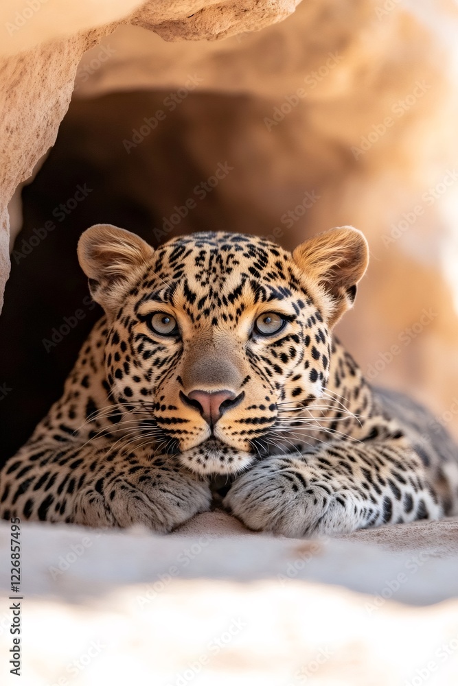Fototapeta premium Leopard resting in a cave looking forward