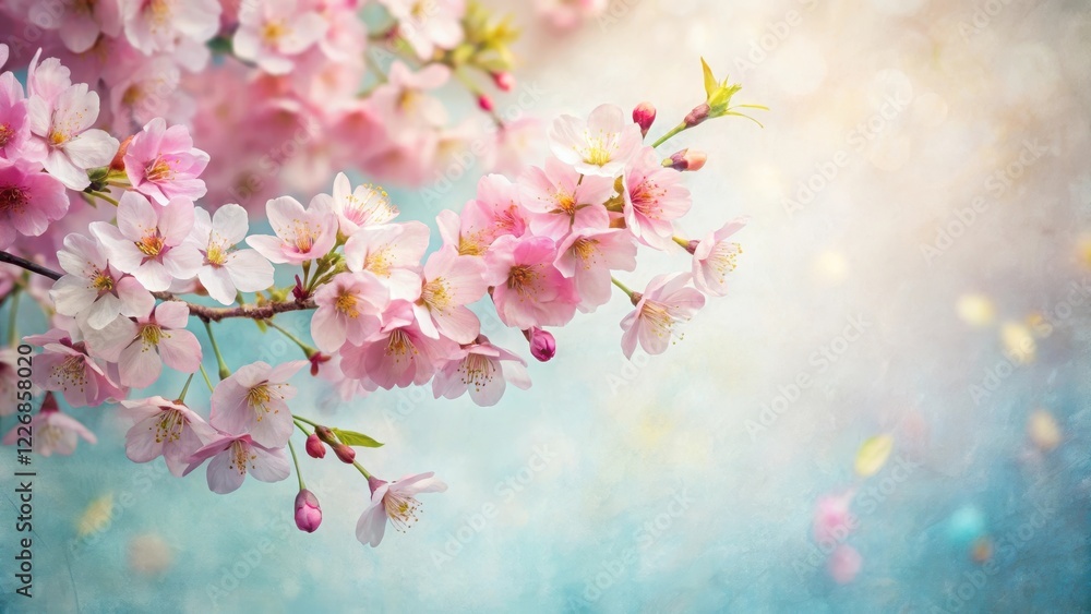 Colorful cherry blossoms arranged on a plain white paper background with subtle texture and soft focus effect, emphasizing delicate petals and gentle hues, floral arrangement, paper background Colorful cherry blossoms arranged on a plain white paper background with subtle texture and soft focus effect, emphasizing delicate petals and gentle hues, floral arrangement, paper background