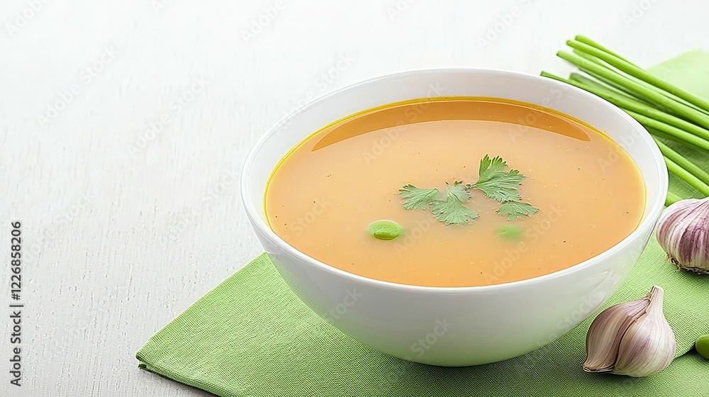 Famous Food of Egyptian concept. A vibrant bowl of soup garnished with herbs, set on a textured mat.