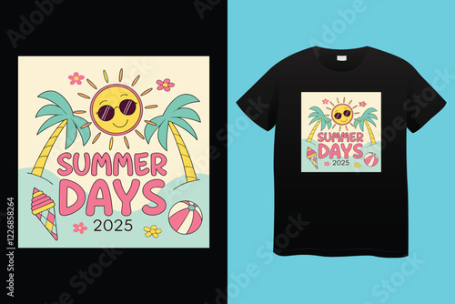 CMYK color separation Summer vector t-shirt design , surfing beach vector photo print , vintage retro beach print design, surfboard with palm tree and typography text.