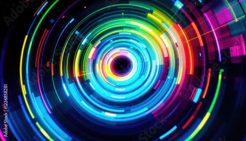 Colorful abstract neon light spiral with dynamic circular patterns
